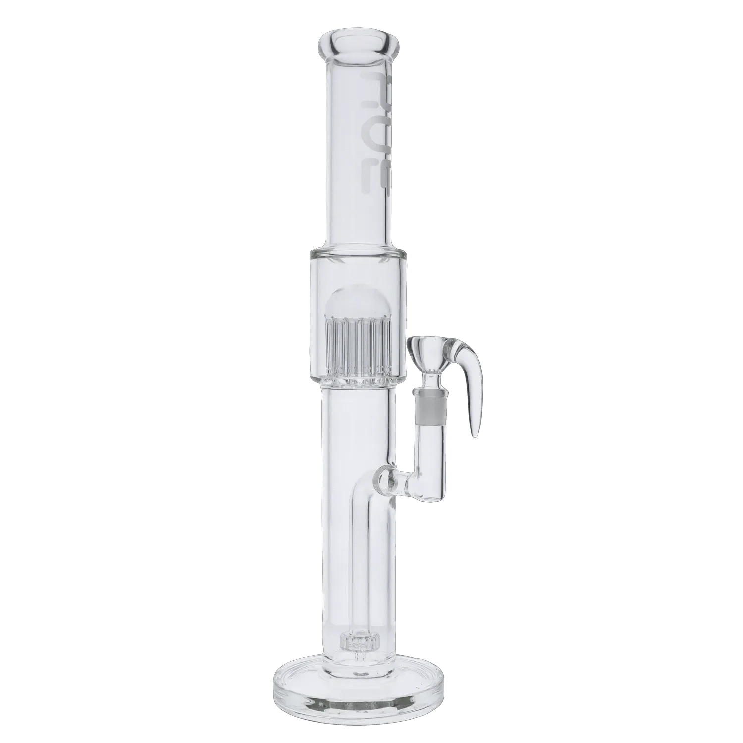 Front-facing view of the Tower Bong Clear - 17.75" showing the clear glass straight tube, domed percolator chamber, and attached downstem and bowl.