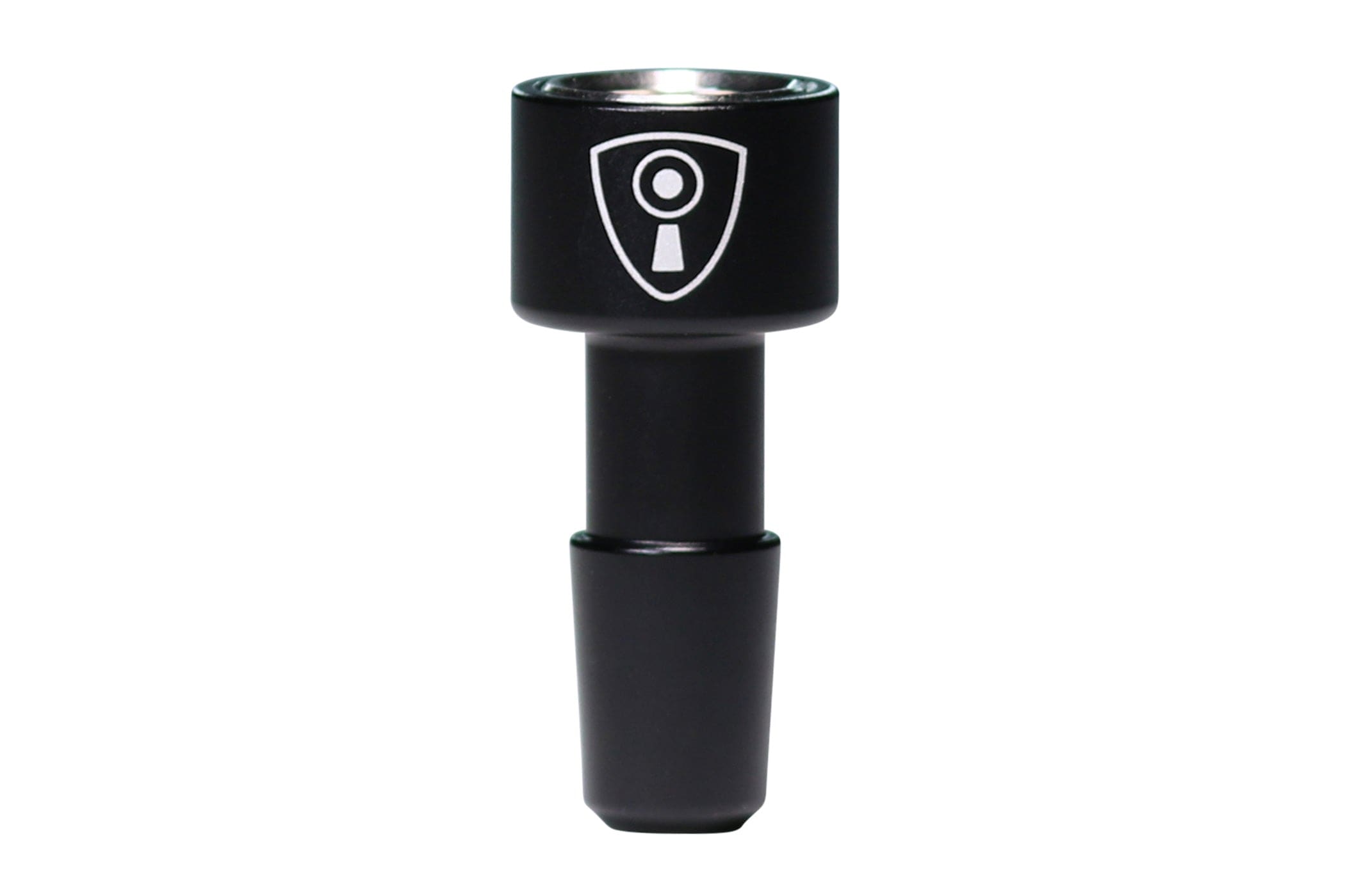 Close-up front view of the black Invincibowl Infinity showing its cylindrical top with a white shield logo against a white background.