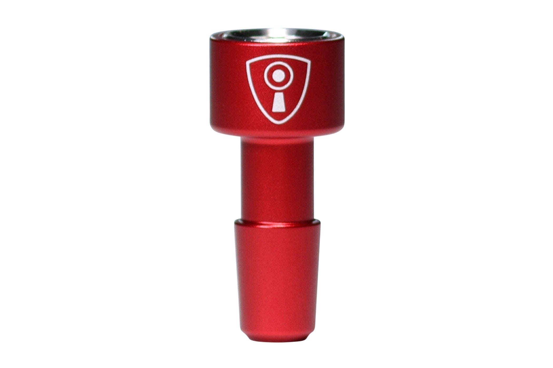Close-up front view of the pink Invincibowl Infinity showing its cylindrical top with a white shield logo and tapered stem against a white background.