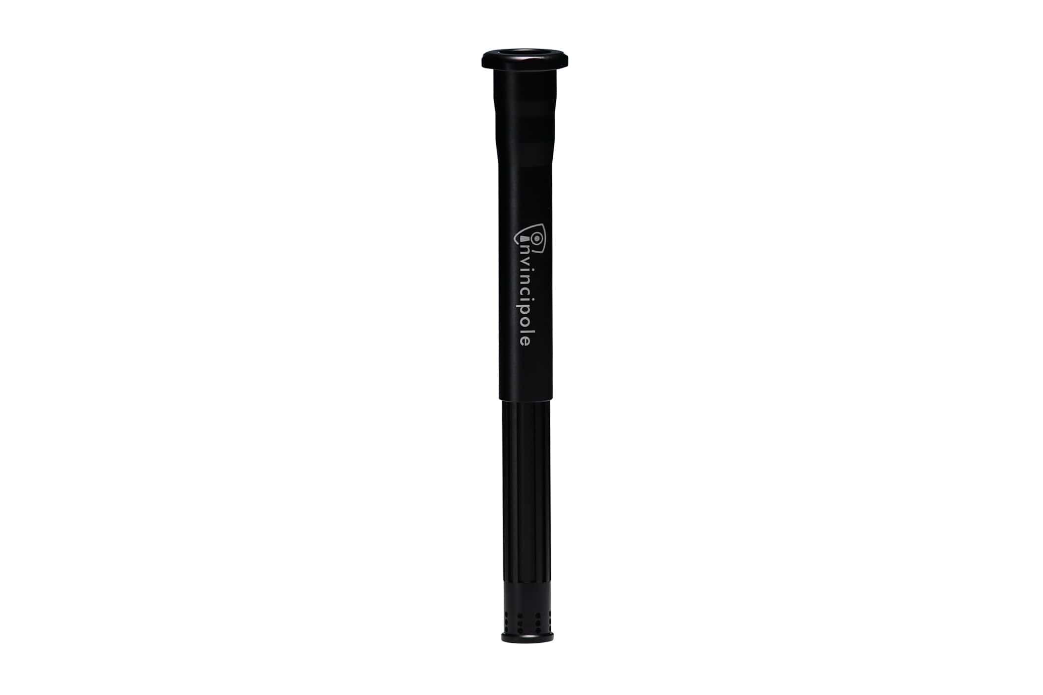 Centered, vertical close-up of the black Invincipole Infinity pole shaft showing its top flange and logo against a white background