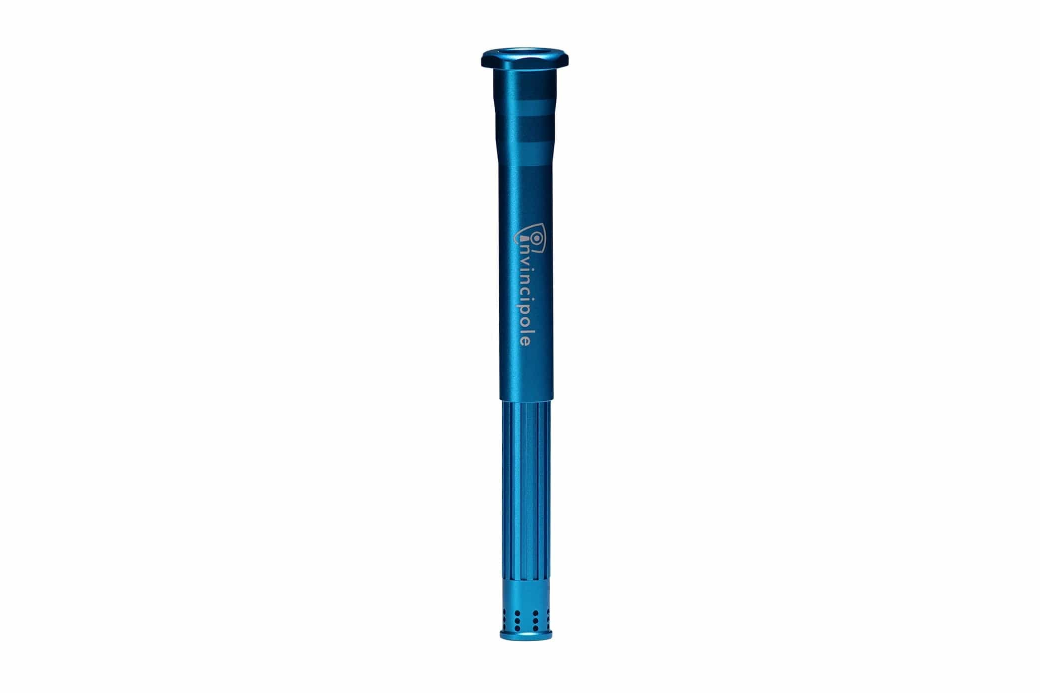 Close-up vertical crop of the blue Invincipole Infinity pole section, centered against a white background showing its fluted shaft and perforated lower end.