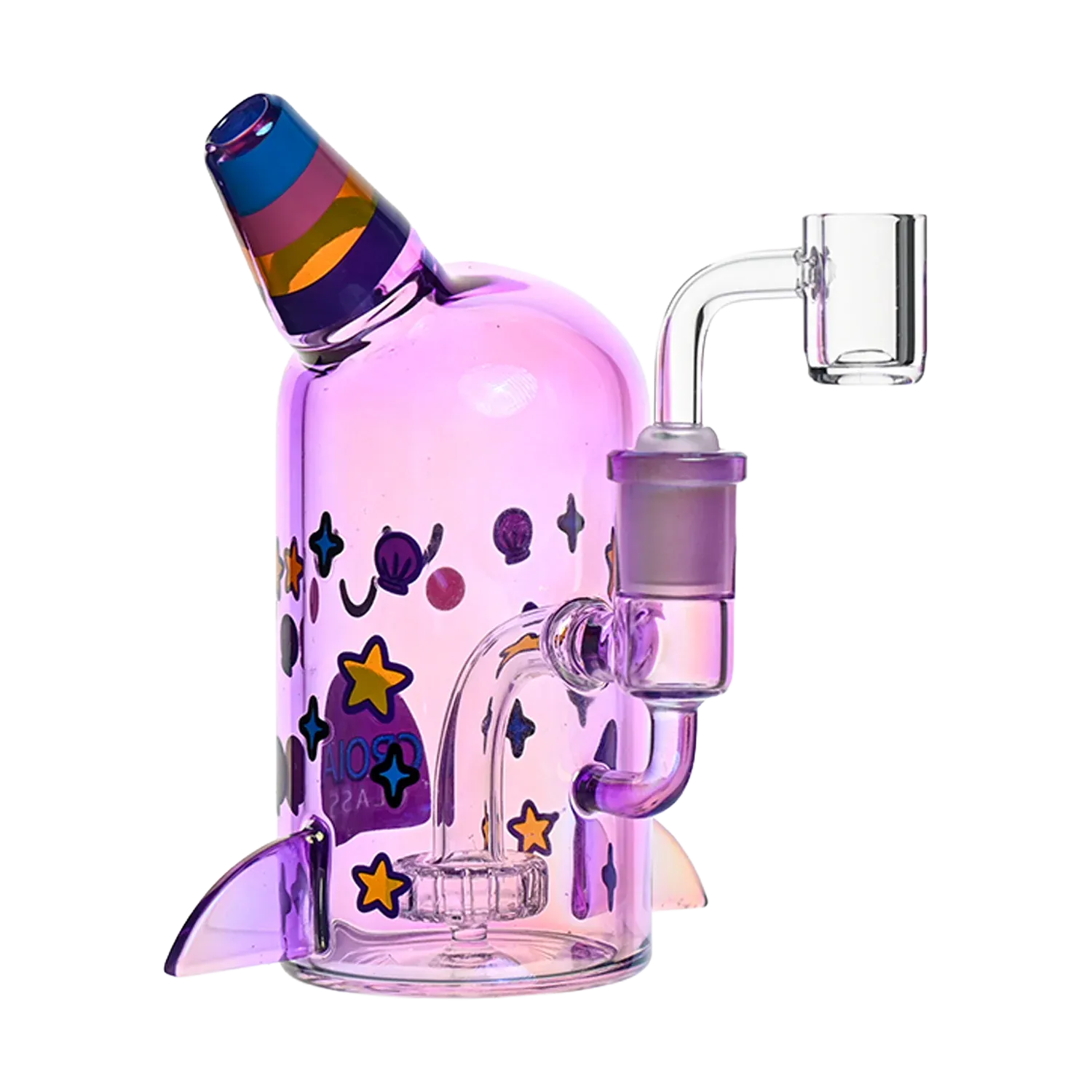 Side view of a pink, rocket-shaped Croia Glass Cute Narwhal Dab Rig – Mini Showerhead Perc Rig | Croia Glass with colorful star and shell decals and a clear quartz banger.