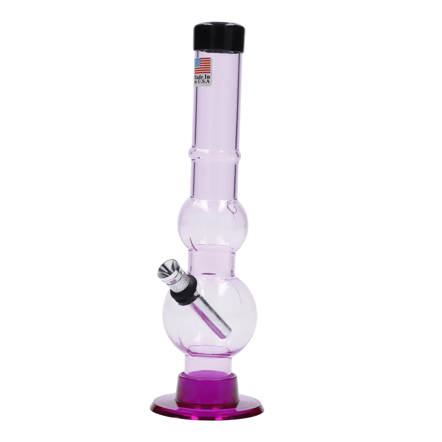 Straight-on view of the JM Plastics Double Bubble with Grip and Carb Hole Acrylic Bong - 8 in., shown in translucent red with two stacked round chambers, angled metal downstem, and black mouthpiece cap.