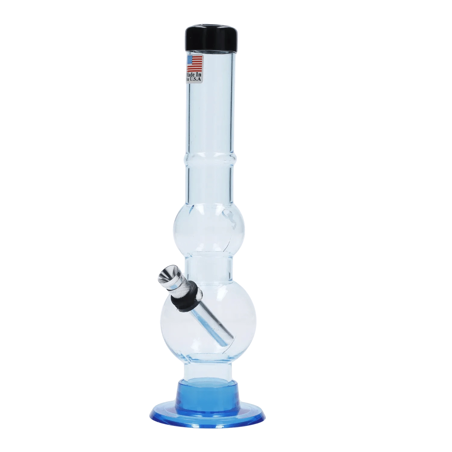 Centered front view of the JM Plastics Double Bubble with Grip and Carb Hole Acrylic Bong - 8 in., clear tube with blue base.