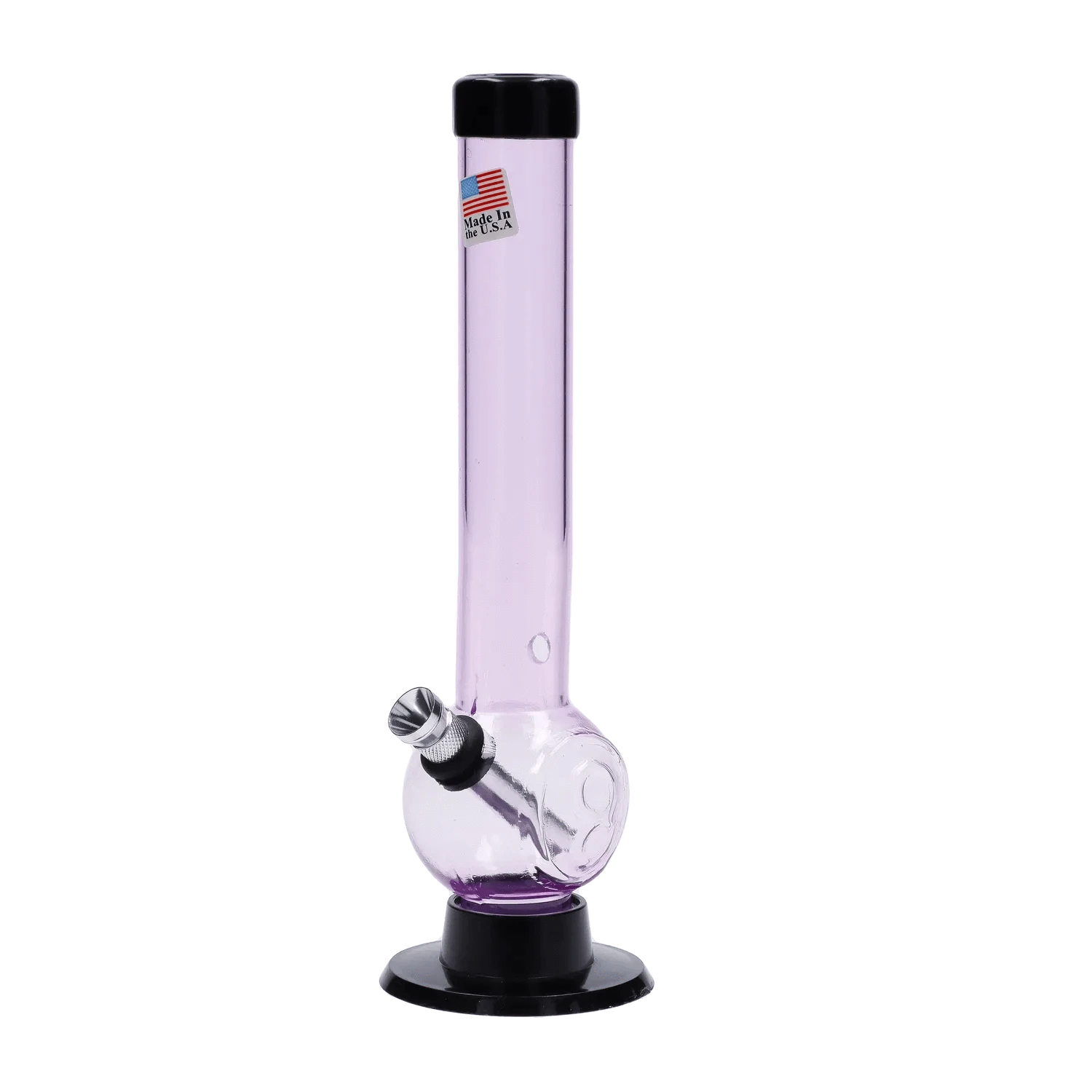 Front view of the JM Plastics Magic 8 Ball Base with Carb Hole Acrylic Bong - 8 in., showing a translucent purple straight tube and rounded base on a black suction-foot stand.
