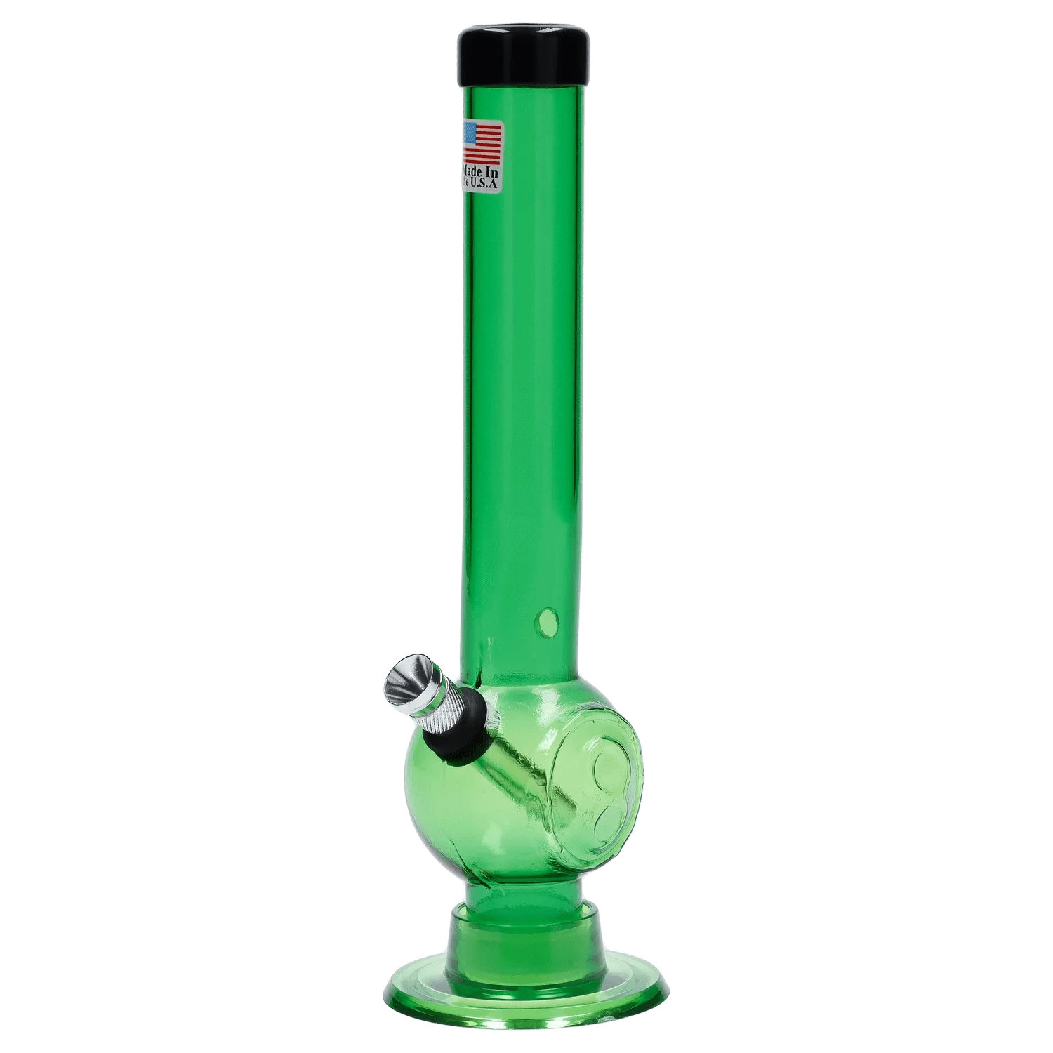 Vertical front view of the green JM Plastics Magic 8 Ball Base with Carb Hole Acrylic Bong - 8 in., photographed on a white background showing its black rim, spherical chamber and metal bowl.