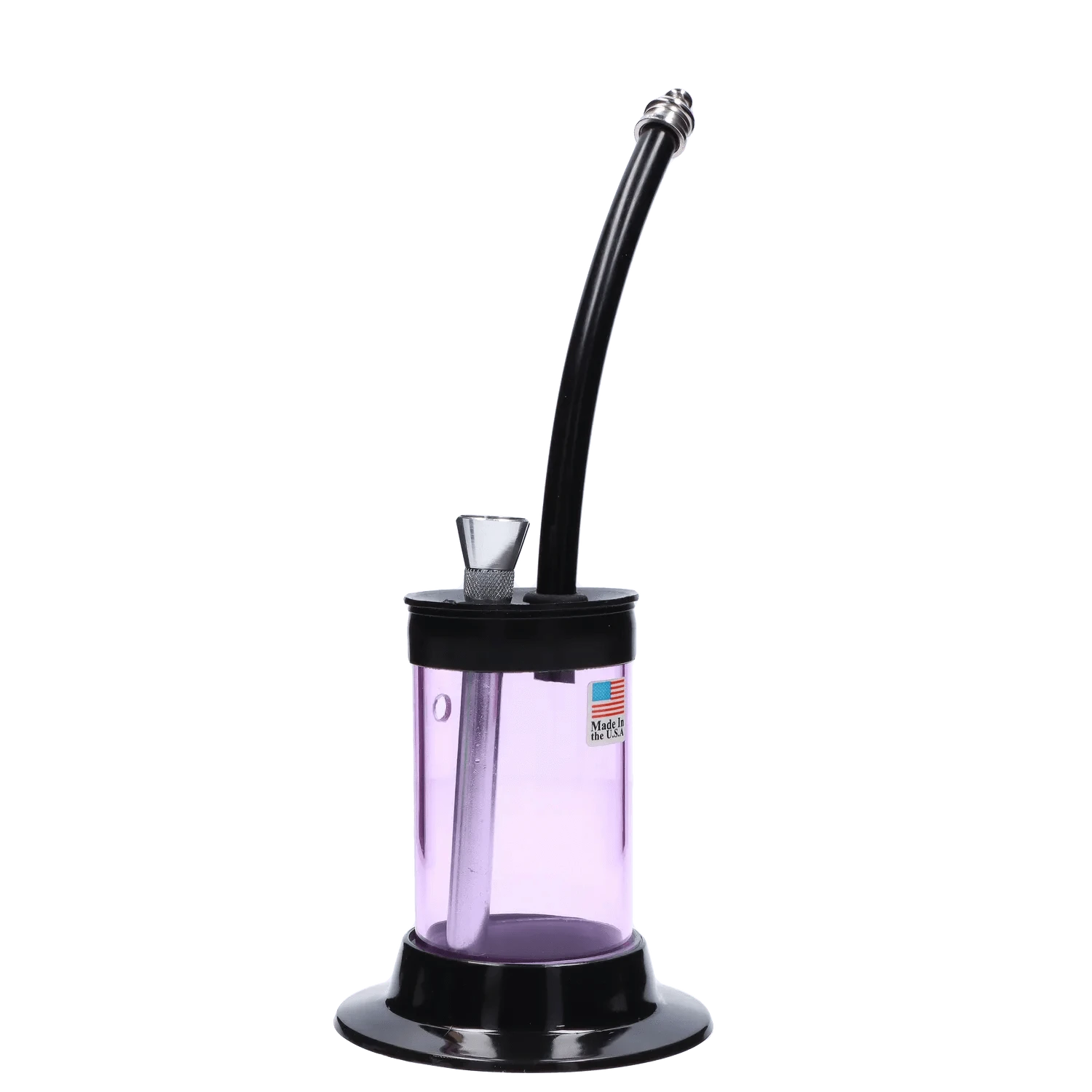 Front view of the JM Plastics Mini Hoser with Carb Hole Acrylic Bong showing a tall curved black mouthpiece rising from a clear purple-tinted cylinder on a black flared base.
