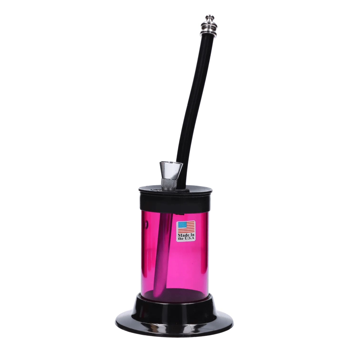 Close-up front view of the JM Plastics Mini Hoser with Carb Hole Acrylic Bong showing its upright black mouthpiece and angled carb hole mounted on a translucent pink chamber.