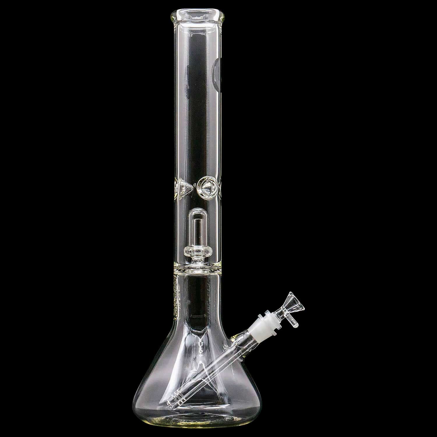 Center-frontal view of the "Magnum Flow" Thick Glass Beaker Showerhead Perc Bong showing its clear straight tube, two small percs, angled downstem and beaker base against a black background
