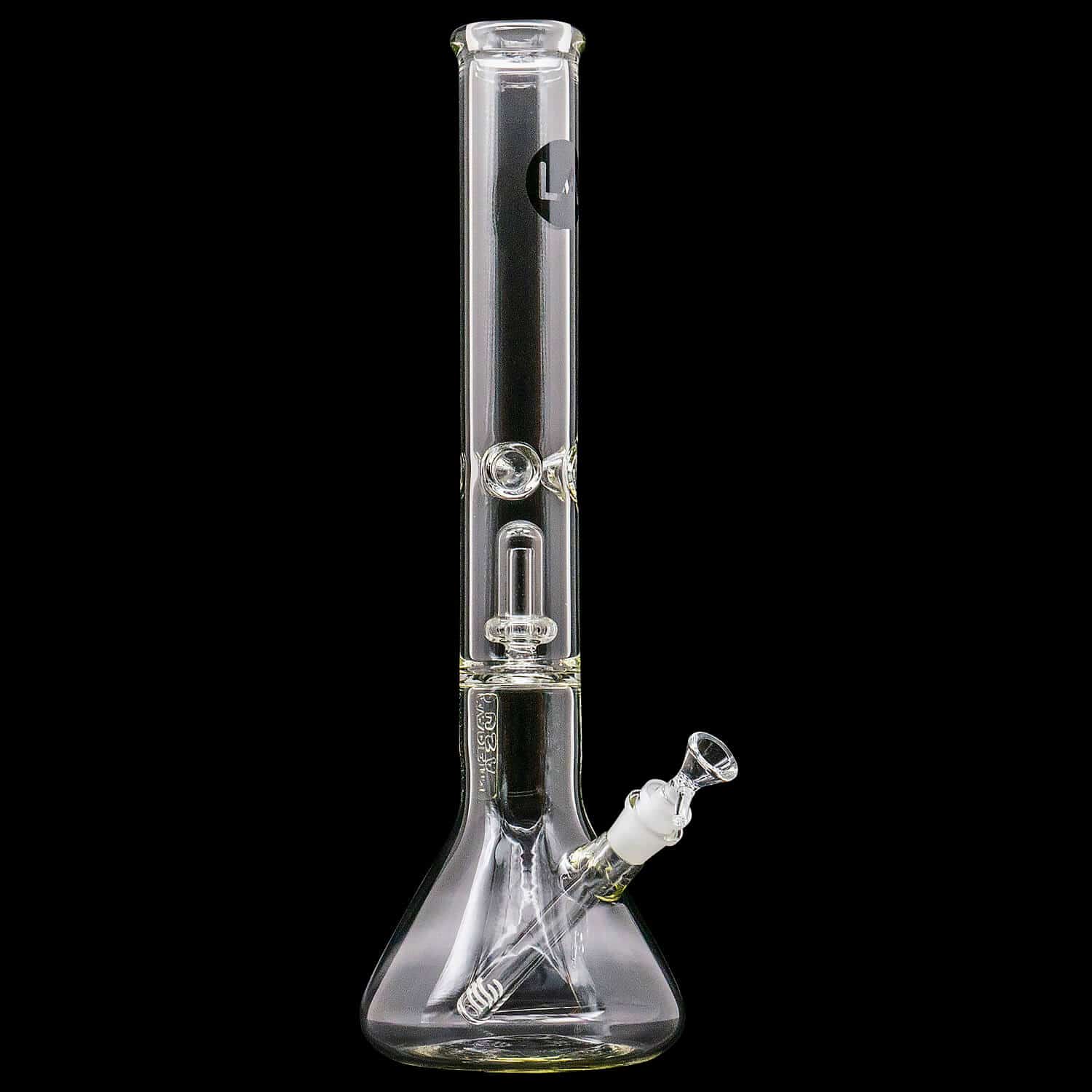 Front view of the clear "Magnum Flow" Thick Glass Beaker Showerhead Perc Bong against a black background, showing its tall straight tube, three-perc showerhead insert, and angled downstem.