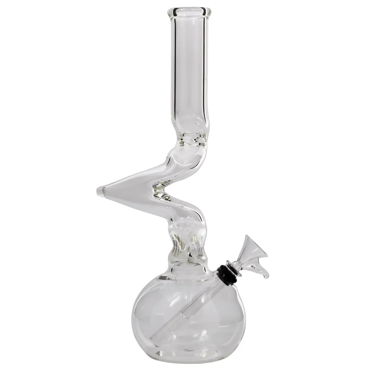 Right-side view of the clear Jane's Ladder Clear Zong Bong showing its zigzag neck, spherical base, and angled bowl on a white background