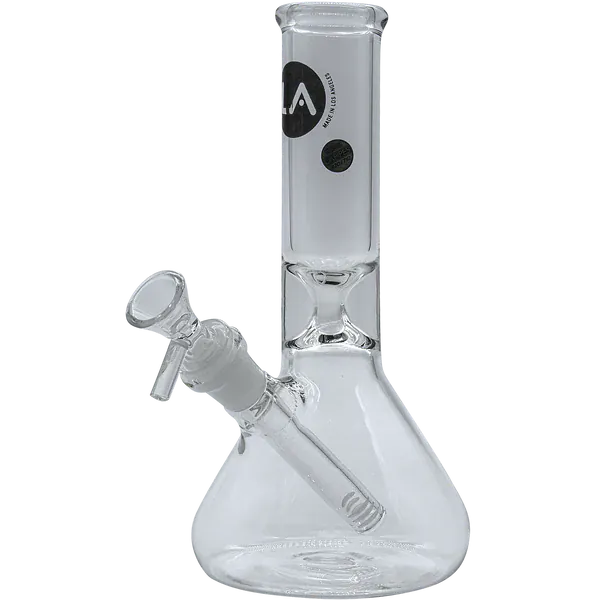 Front view of the "Shortstop" Beaker Bong showing a clear glass beaker base, straight neck, and angled downstem with bowl.