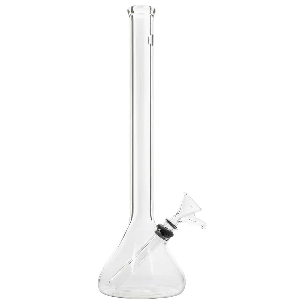 Straight-on view of the clear "The OG" Beaker Bong showing its tall cylindrical neck, angled downstem and conical beaker base on a white background.