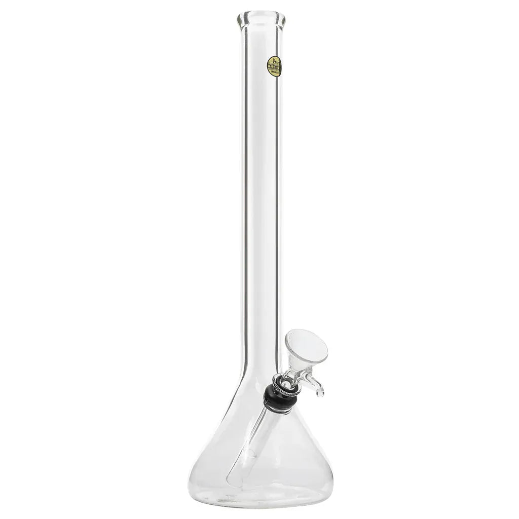 Straight-on studio shot of "The OG" Beaker Bong showing a tall clear glass tube with a beaker base, angled downstem and bowl.