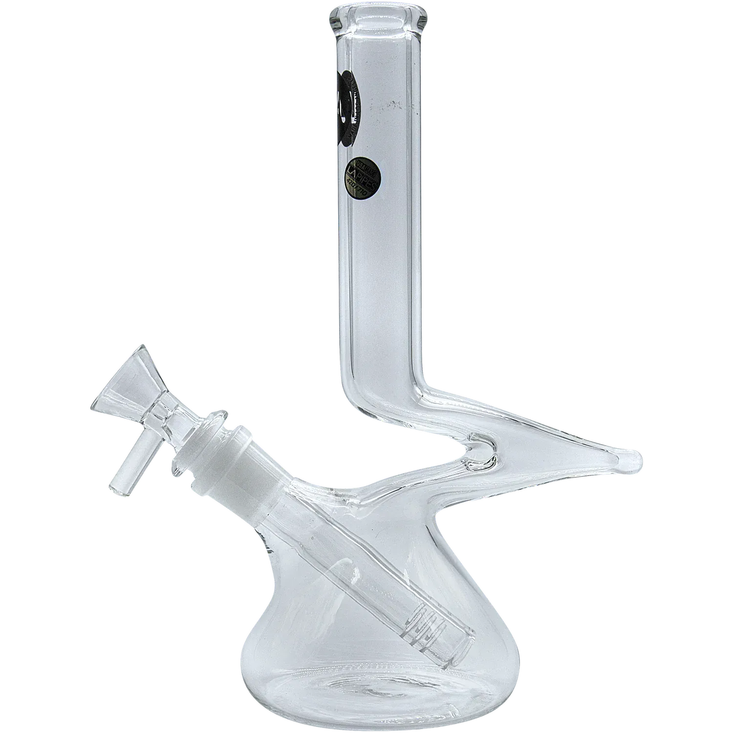Angled close-up of the clear glass "Zag" Beaker Zong Style Bong showing its L-shaped neck, slanted joint and rounded beaker base against a black background