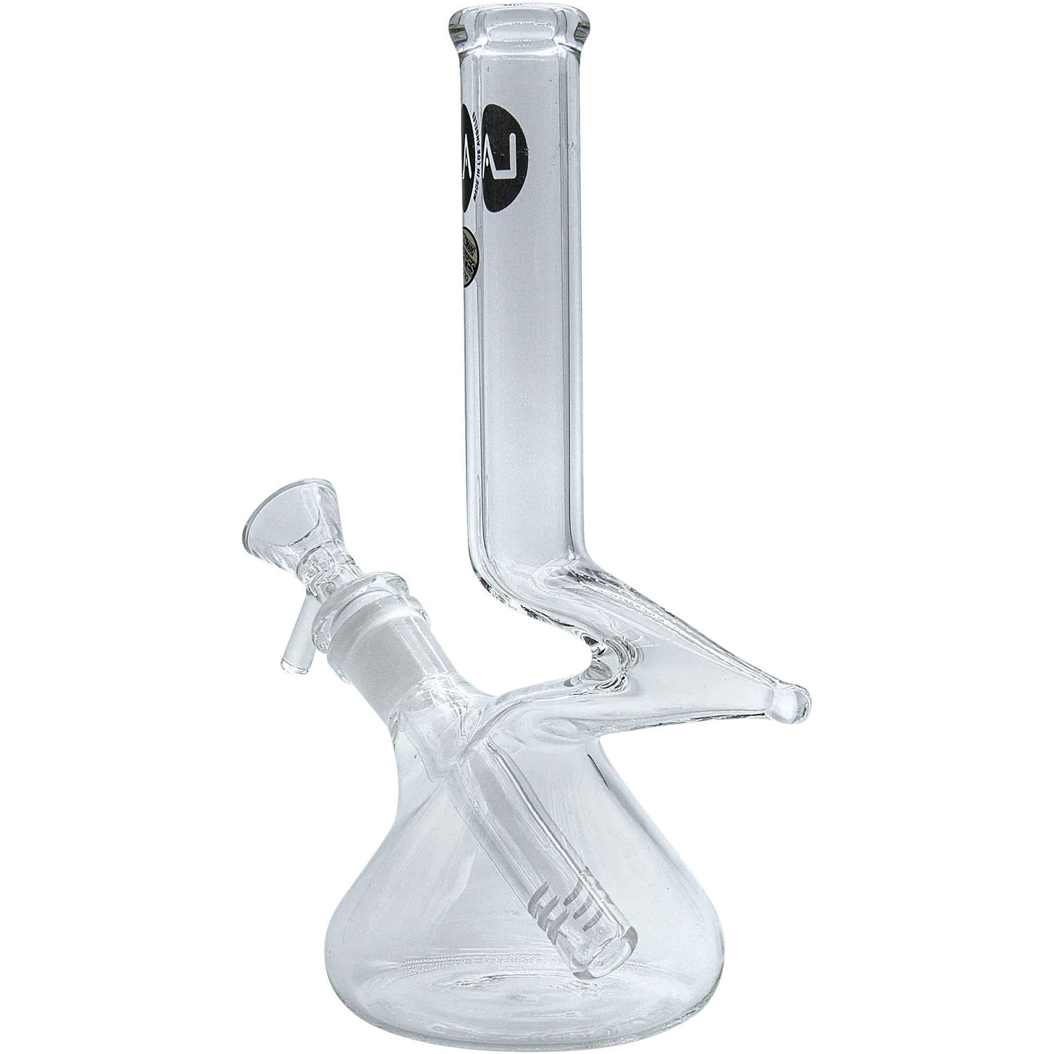 Angled close-up of a clear glass "Zag" Beaker Zong Style Bong showing its slanted neck, bowl joint, and beaker base.