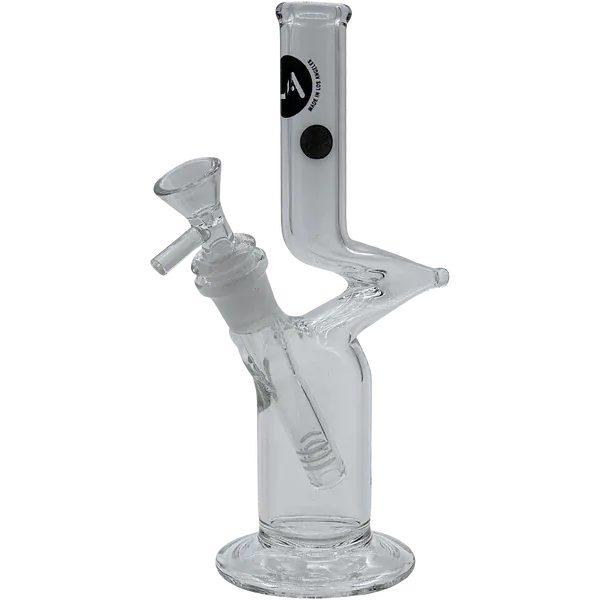Clean front-facing view of the clear LA Pipes "Zig" Straight Zong Style Bong showing its zigzag neck, downstem and round base against a black backdrop