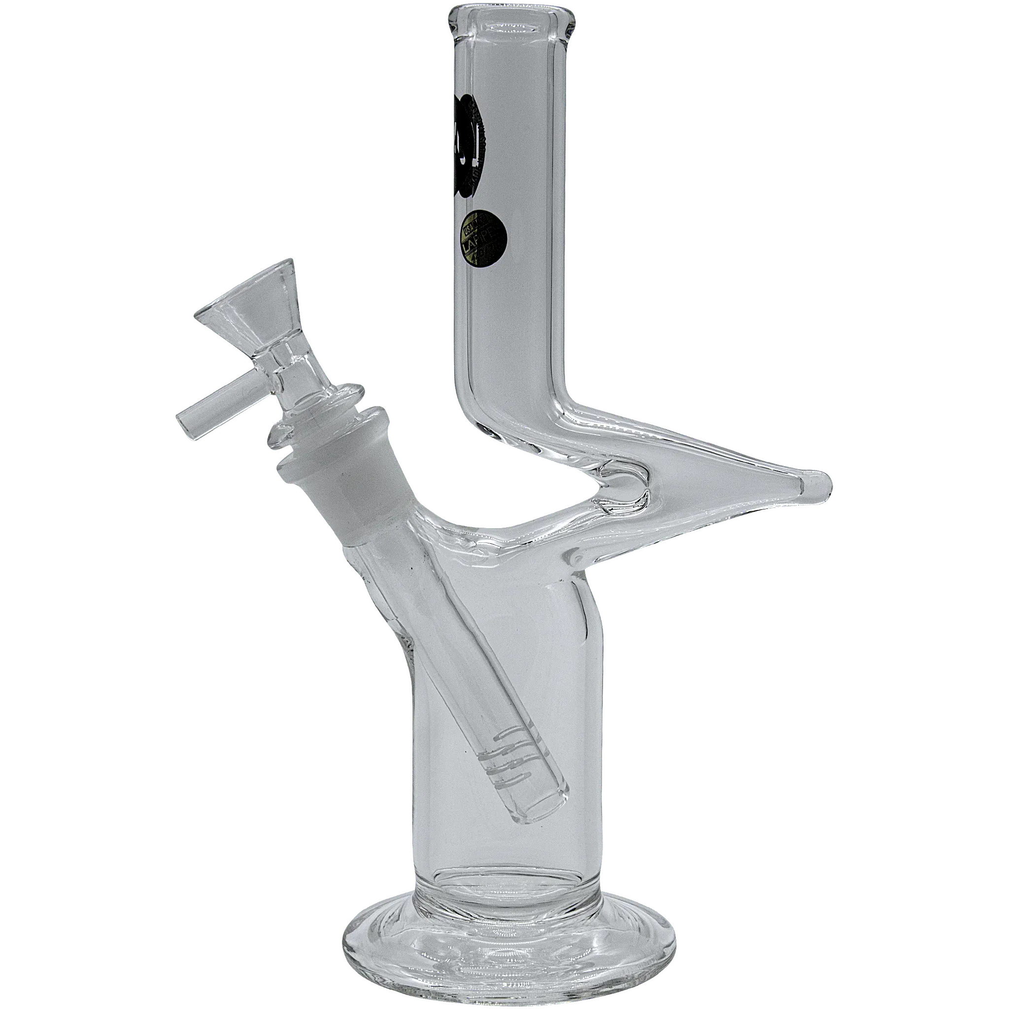 Angled close-up of the clear glass LA Pipes "Zig" Straight Zong Style Bong showing its straight tube, downstem and round base.