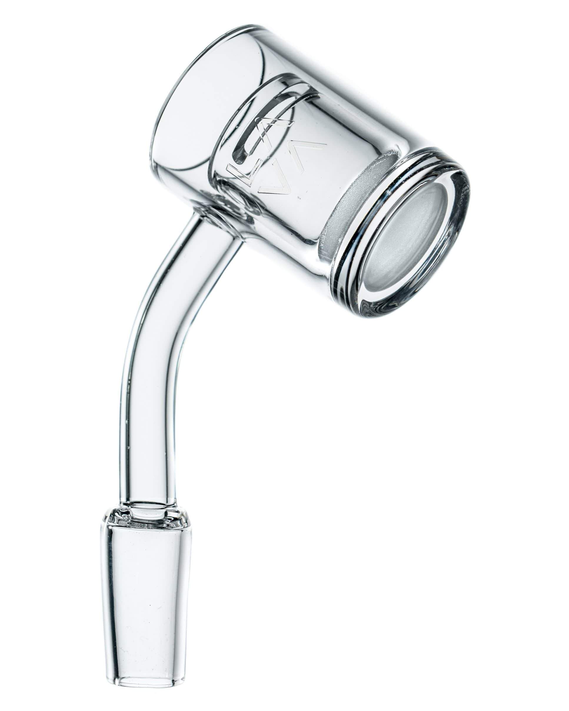 A close-up of the Polished Banger Nail with Opaque Cup Insert, showcasing its reflective surface and cup insert from a slightly angled view.