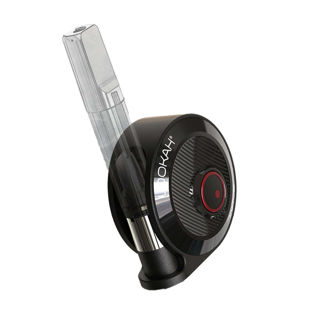 Angled close-up of the black Lookah Snail 2.0 Vaporizer showing its rounded base, circular textured control dial with a red center, and a translucent mouthpiece inserted at an angle.