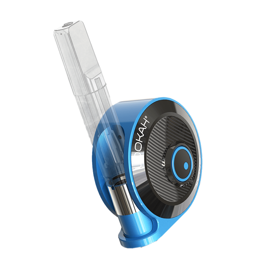 Angled close-up of a blue Lookah Snail 2.0 Vaporizer showing its circular black control face, textured dial, and transparent mouthpiece.