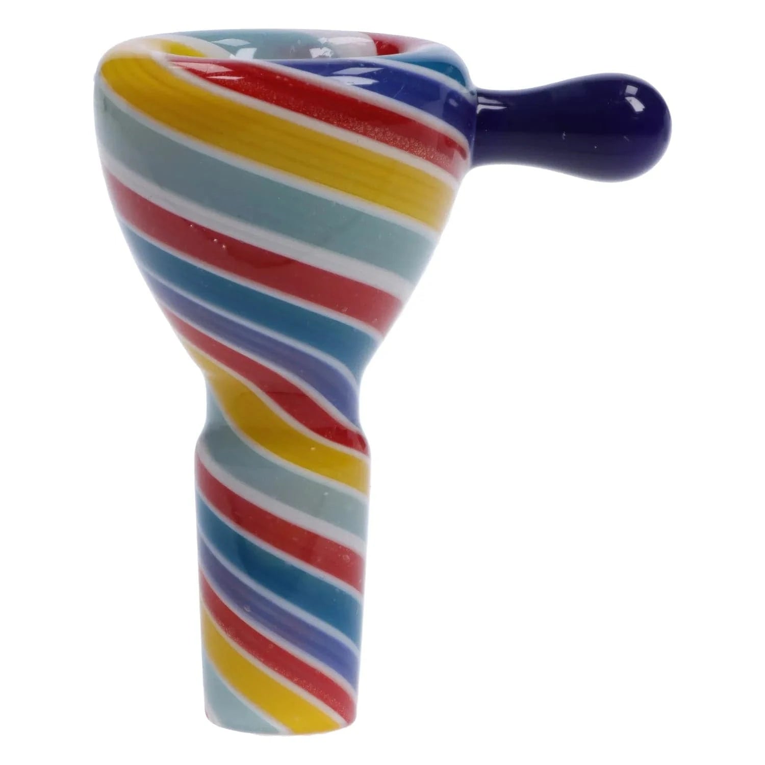 Close-up side view of the Solid Color Bowl with Dabber Horn - Male 14mm showing a striped multicolor glass bowl with a dark blue dabber horn against a white background