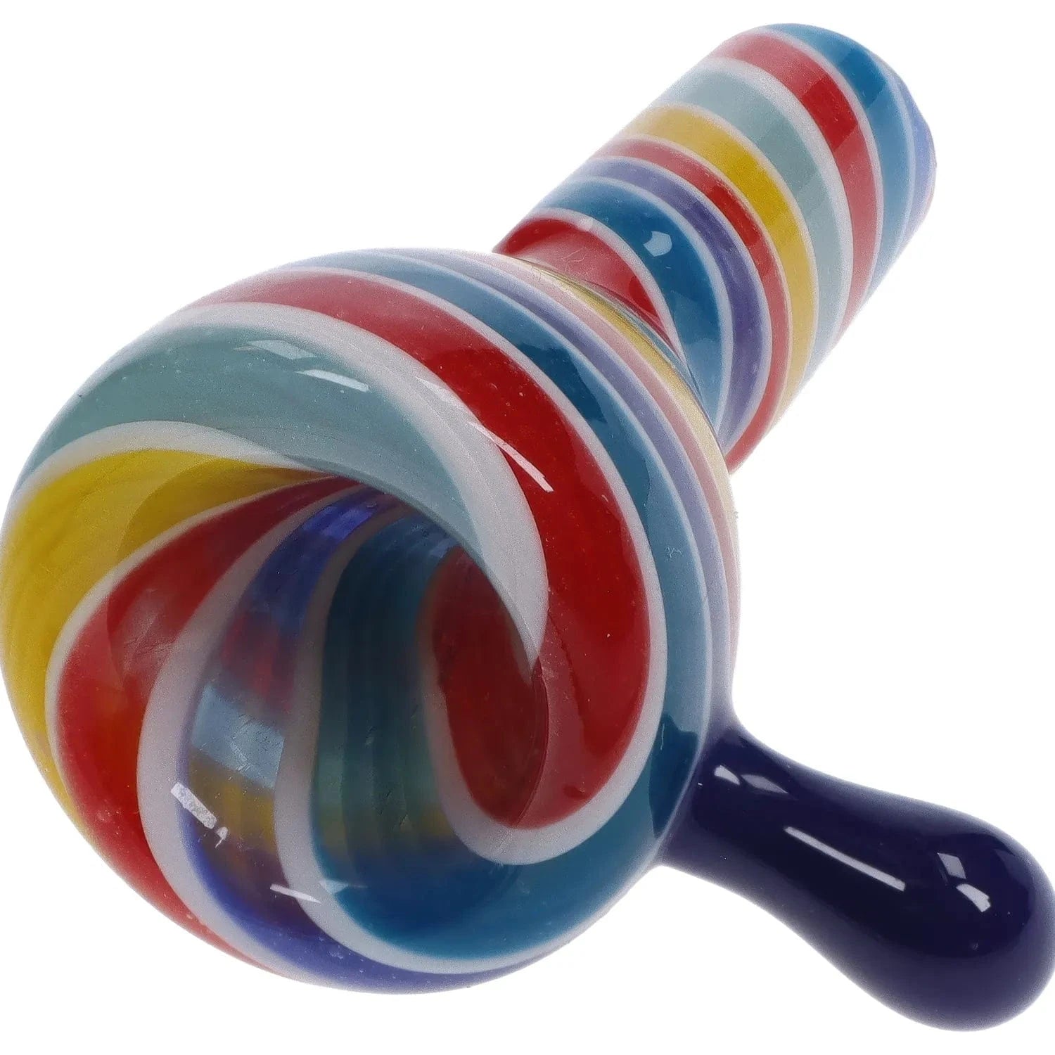 Close-up angled view of the Solid Color Bowl with Dabber Horn - Male 14mm showing glossy multicolored spiral stripes and a dark blue dabber horn.