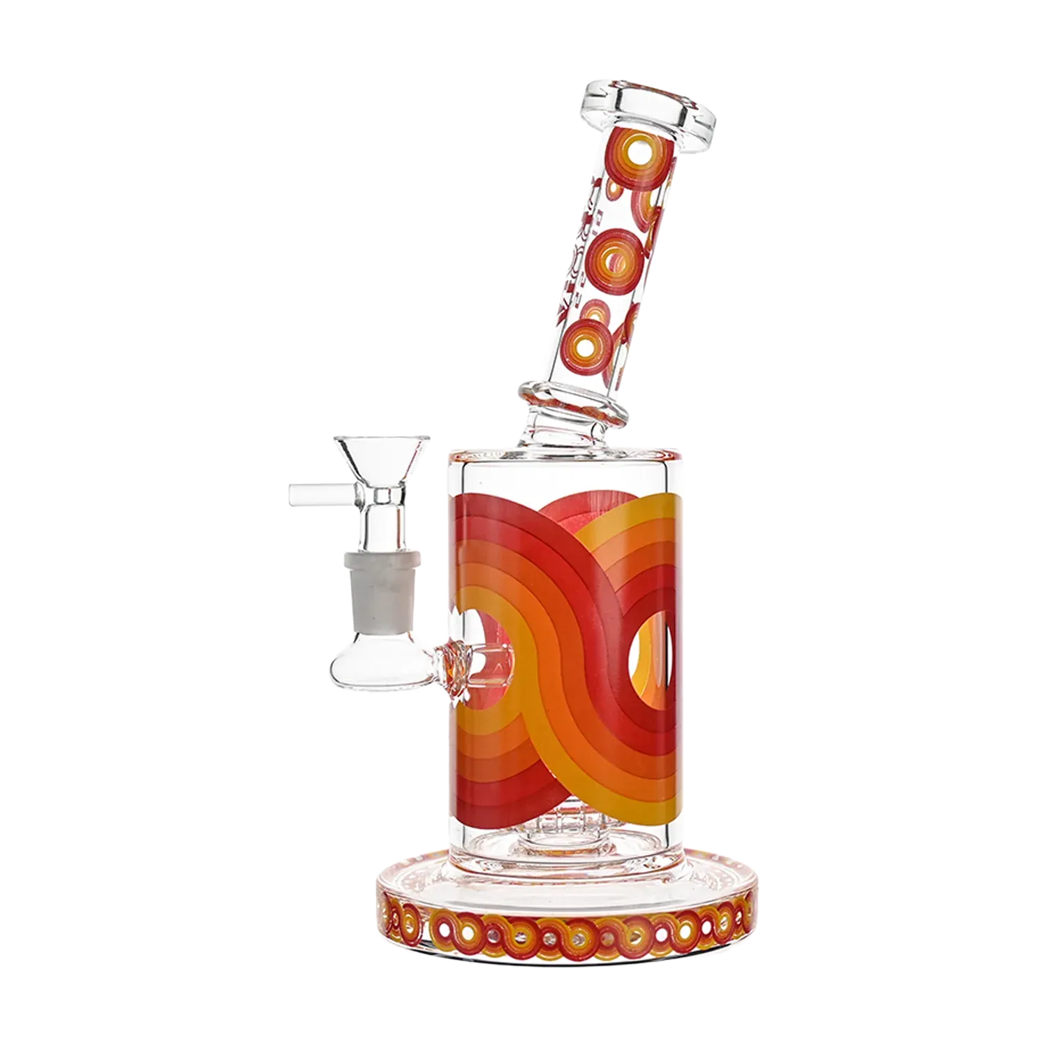 Diagonal close-up of the orange Croia Glass Retro Scientific Bong with Matrix Perc showing concentric ring graphics on a clear tube.