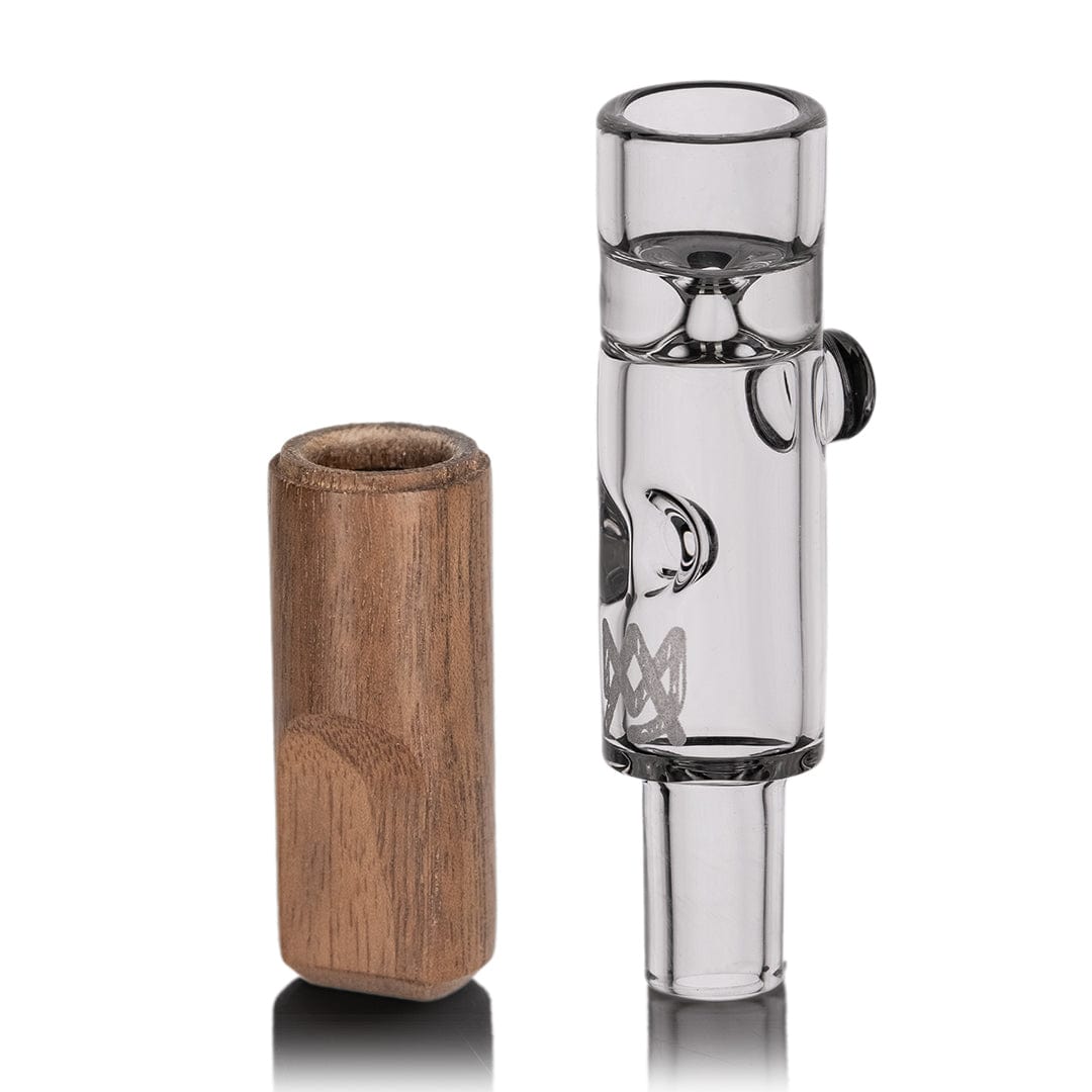 Studio-lit front view of the Alpine Series | Ridge Chillum Taster One Hitter showing a clear glass tube with decorative indentations beside a vertical wooden sleeve.
