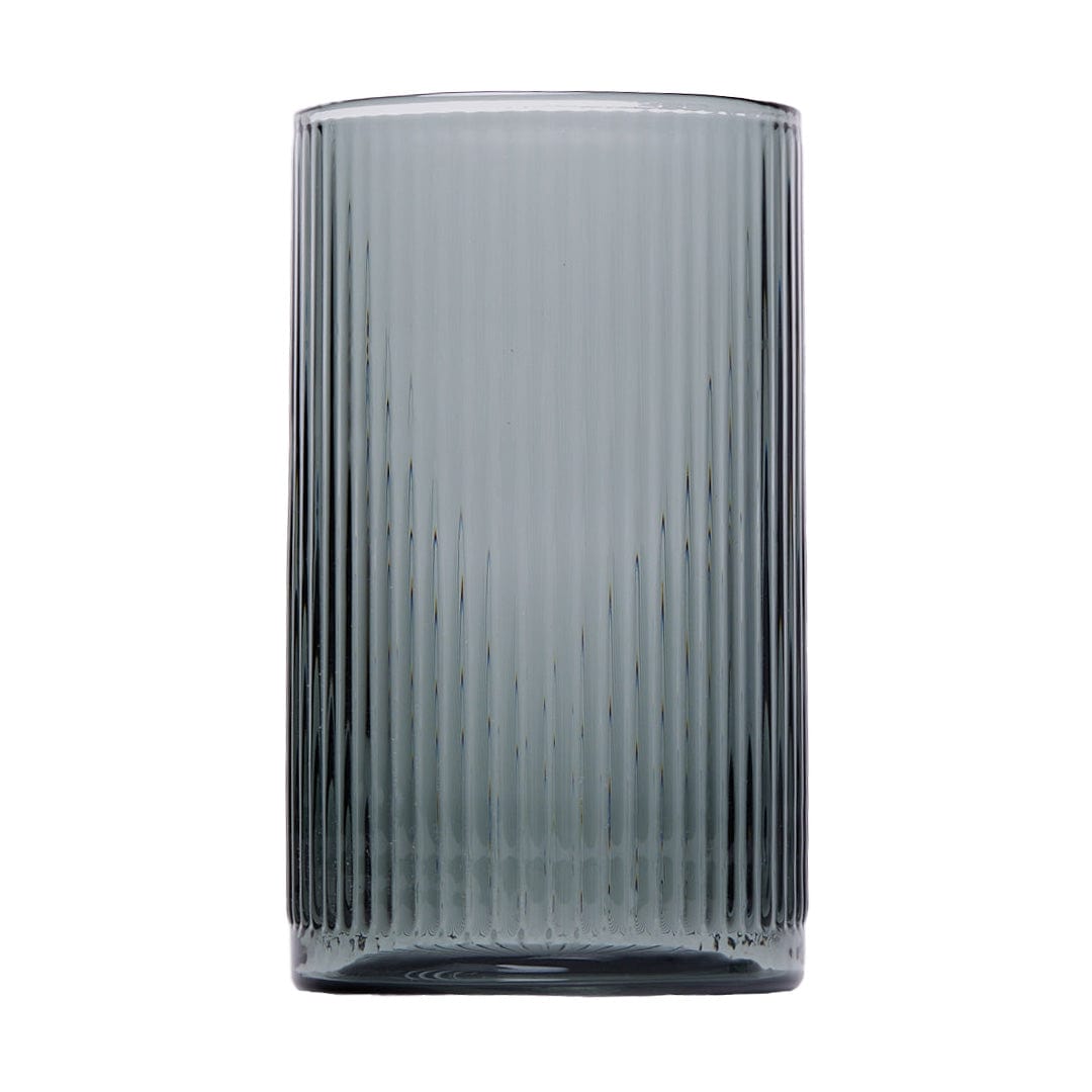 Front-facing shot of the Deco Gravity Pipe charcoal glass with vertical fluted texture against a white background.