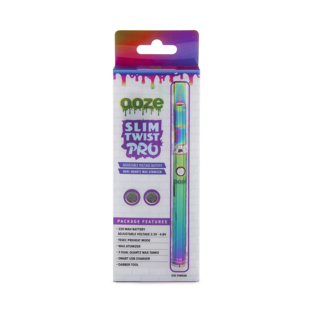 Front view of the Slim Twist Pro CBD Vape Battery with text overlay, showcasing its design on a white background.