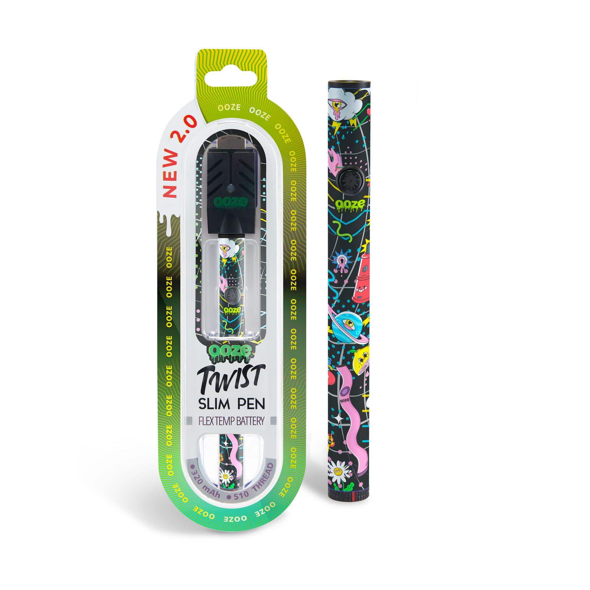 Front view of the Twist Slim Pen 2.0 510 Thread Vaporizer Battery, showcasing its sleek, cylindrical design against a dark background.