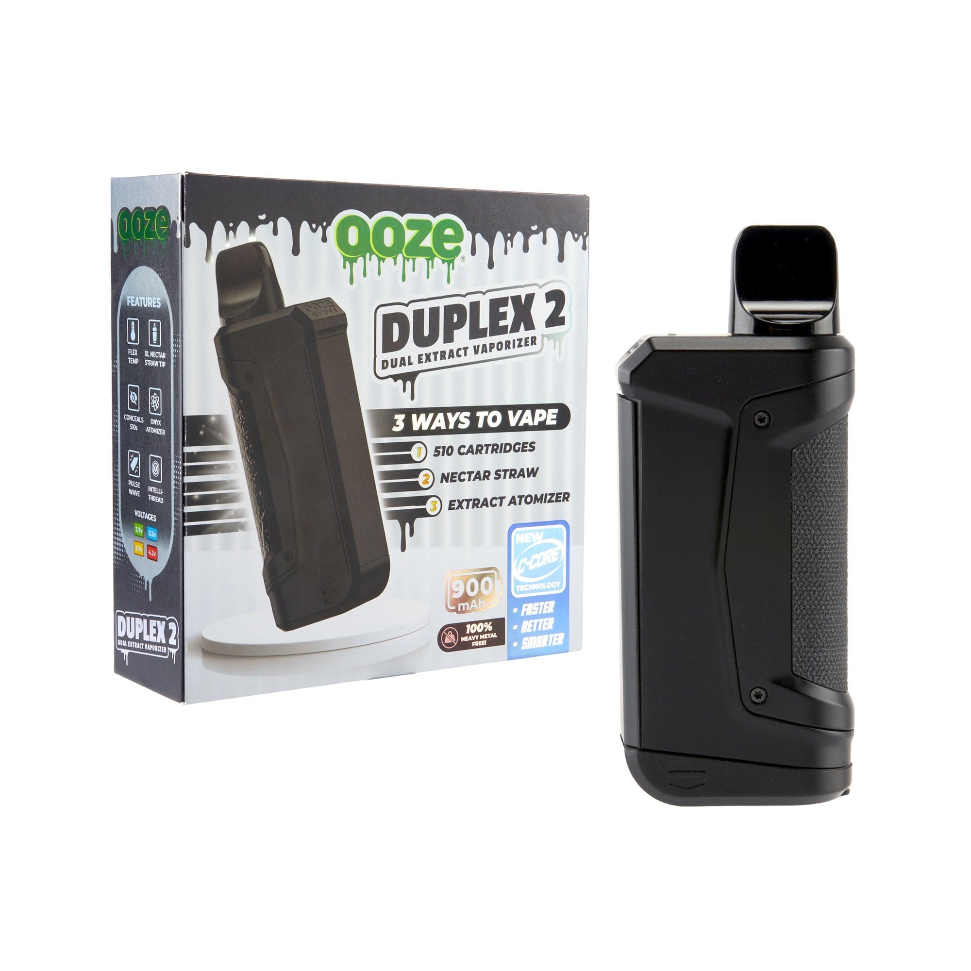 A close-up of the Duplex 2 Vaporizer 900 mAh C-Core, angled slightly with text details on a dark background.