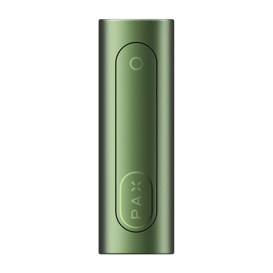 Top-down close-up of the green Pax Flow Vaporizer showing its matte metallic body, centered oval mouthpiece panel, and embossed PA X logo.