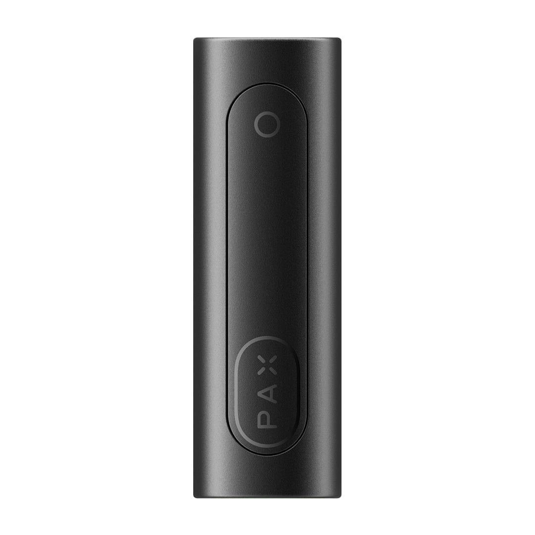 Top-down centered view of the Onyx Pax Flow Vaporizer showing its matte black rectangular body, rounded edges, front control strip, and subtle embossed Pax logo.