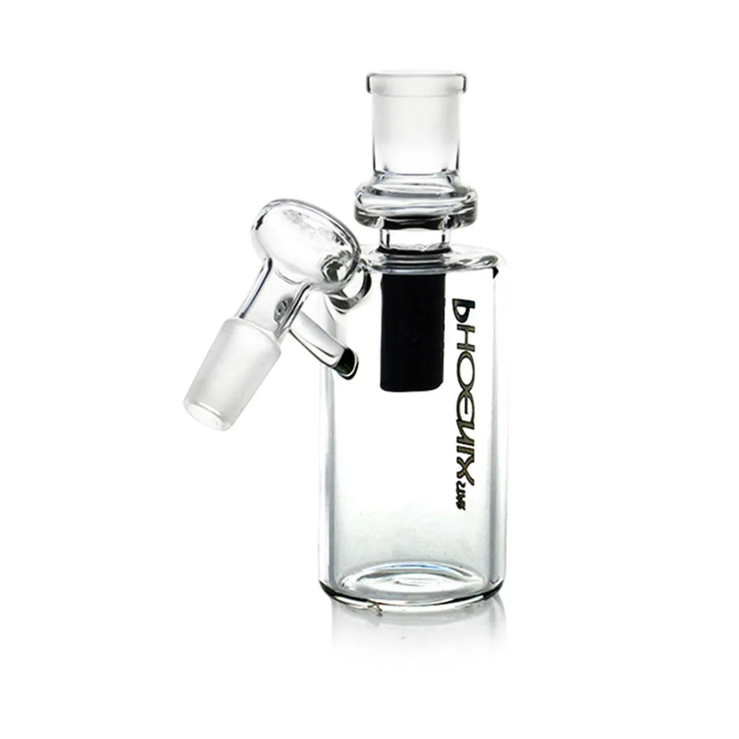 Close-up 45° view of the Green Flower Phoenix Star Perclrss Ash Catcher showing its clear glass body, angled male joint, and black downstem insert.