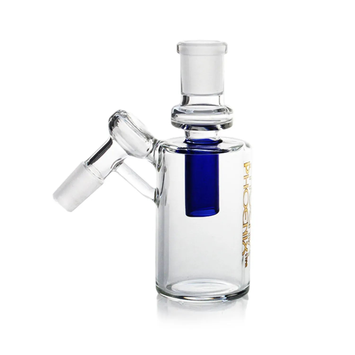 Close-up front view of the Green Flower Phoenix Star Perclrss Ash Catcher showing its clear glass body, angled joint and blue internal downstem.