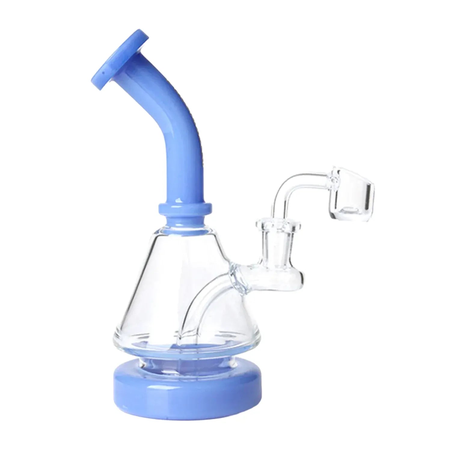 Side view of the Green Flower Phoenix Star 7 Inches Dab Rig With 14Mm Quartz Banger showing a tilted blue mouthpiece, clear conical chamber and a clear 14mm quartz banger on a white background