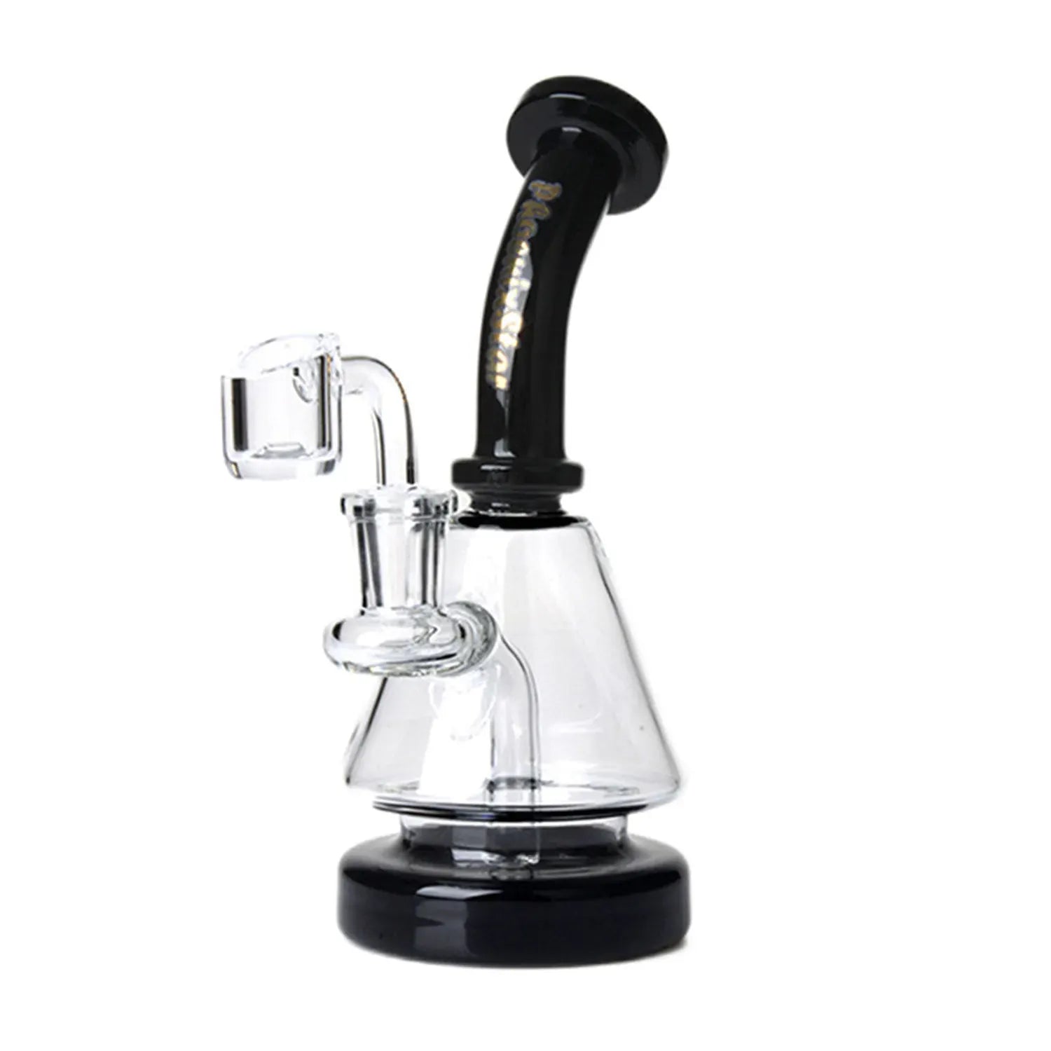 Angled close-up of the Green Flower Phoenix Star 7 Inches Dab Rig With 14Mm Quartz Banger showing its black flared mouthpiece, clear conical chamber, and attached quartz banger.