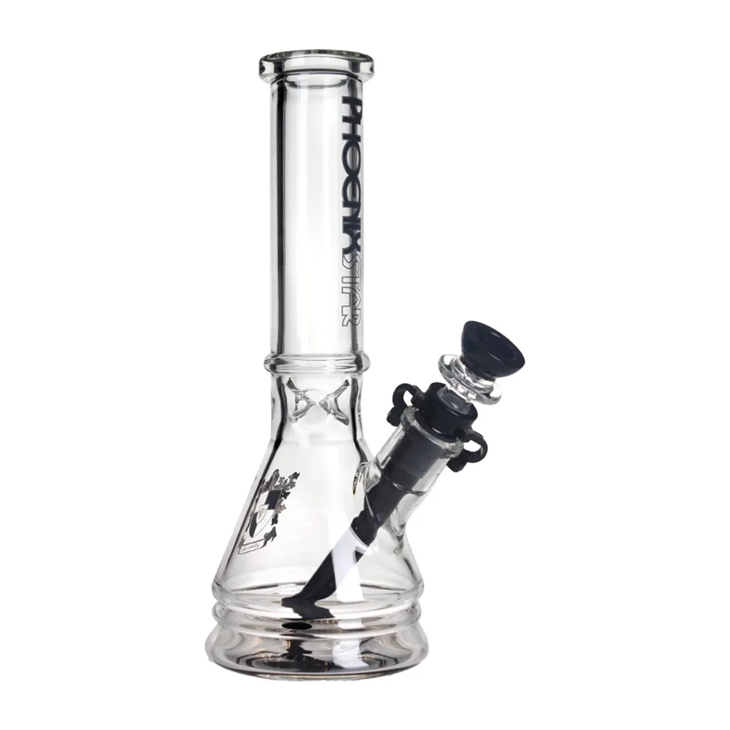 Close-up front view of the Green Flower Phoenix Star New Design Beaker Bong 10 Inches showing the clear glass neck with vertical logo and angled black-accented downstem and bowl.