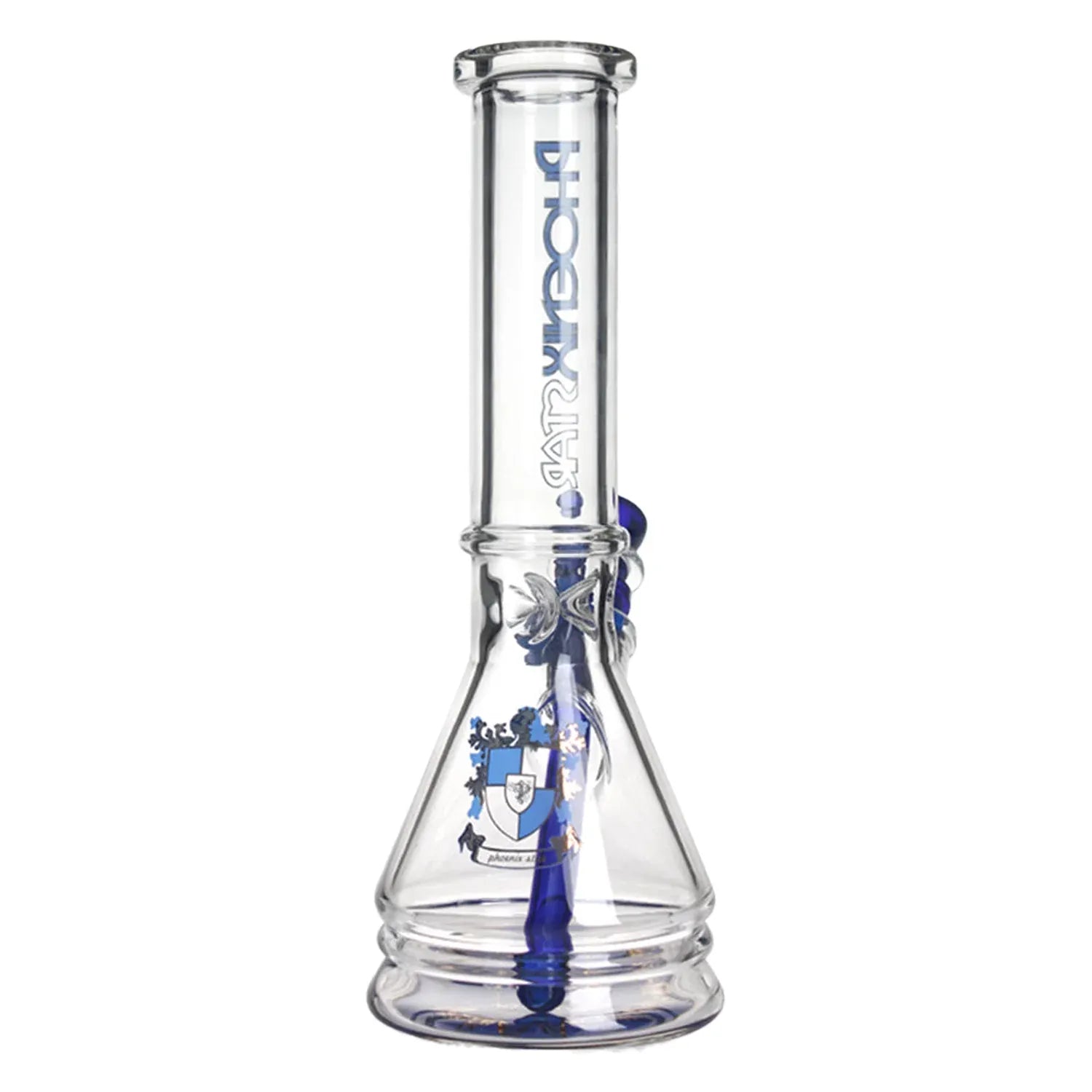 Straight-on view of the Green Flower Phoenix Star New Design Beaker Bong 10 Inches showing its clear beaker body with a vertical blue downstem and blue logo on the neck.
