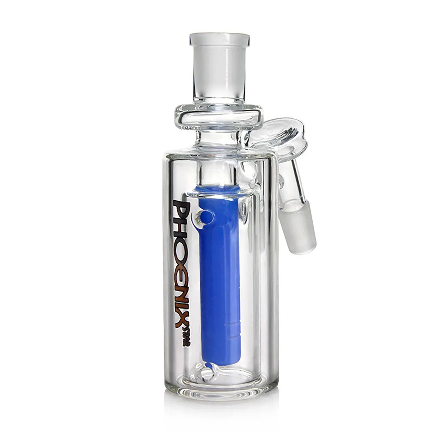 Close-up front view of the Green Flower Phoenix Star Recylcer Ash Catcher With Inline Perc showing a clear glass cylinder with a visible blue inline percolator and a slanted male joint.