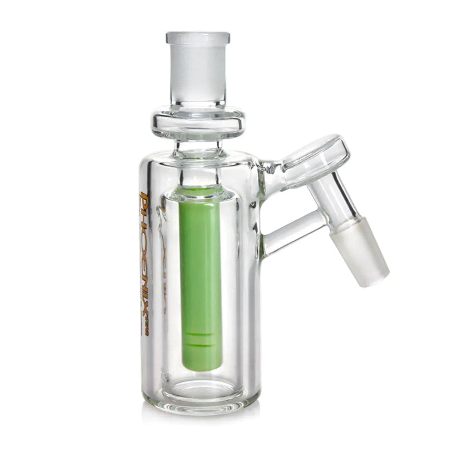 Close-up 45° view of the Green Flower Phoenix Star Recylcer Ash Catcher With Inline Perc showing its clear glass body and visible green inner perc.