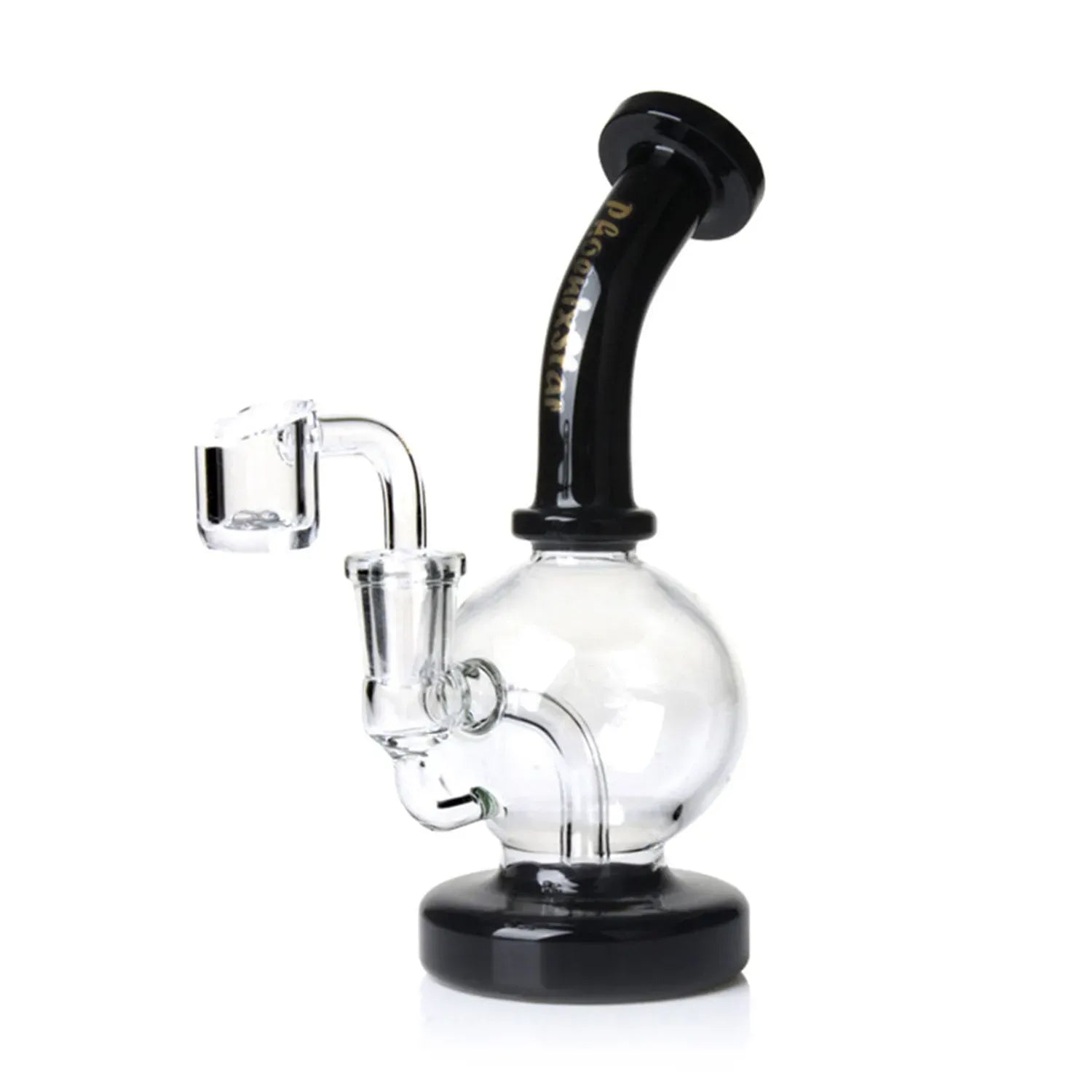 Angled close-up of the Green Flower Phoenix Star 7 Inch Shorty Ball Rig With Insert Perc showing its black curved neck and clear glass ball body.