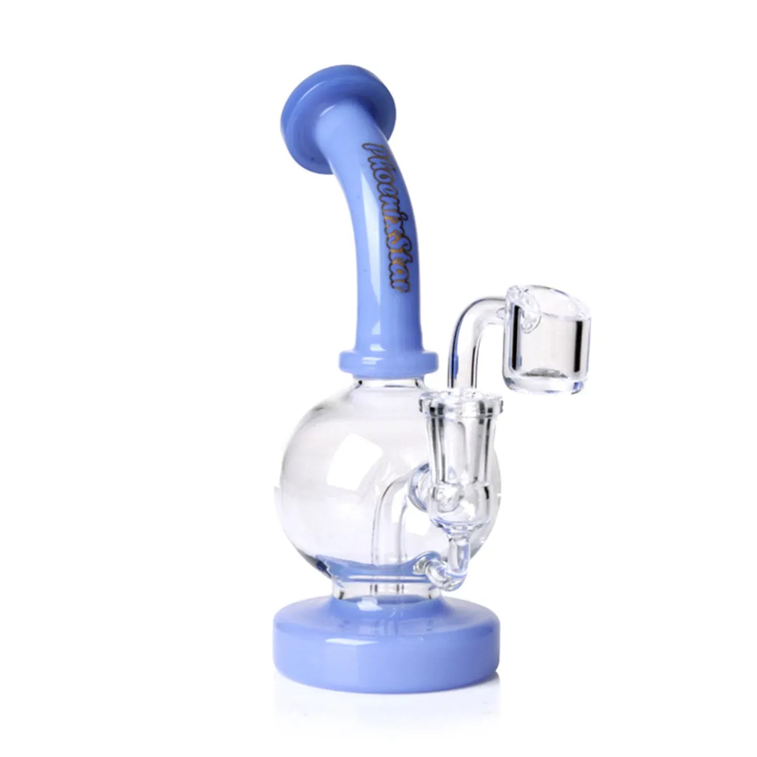 Angled close-up of the Green Flower Phoenix Star 7 Inch Shorty Ball Rig With Insert Perc showing its blue curved mouthpiece, clear spherical chamber and attached glass banger on a white background