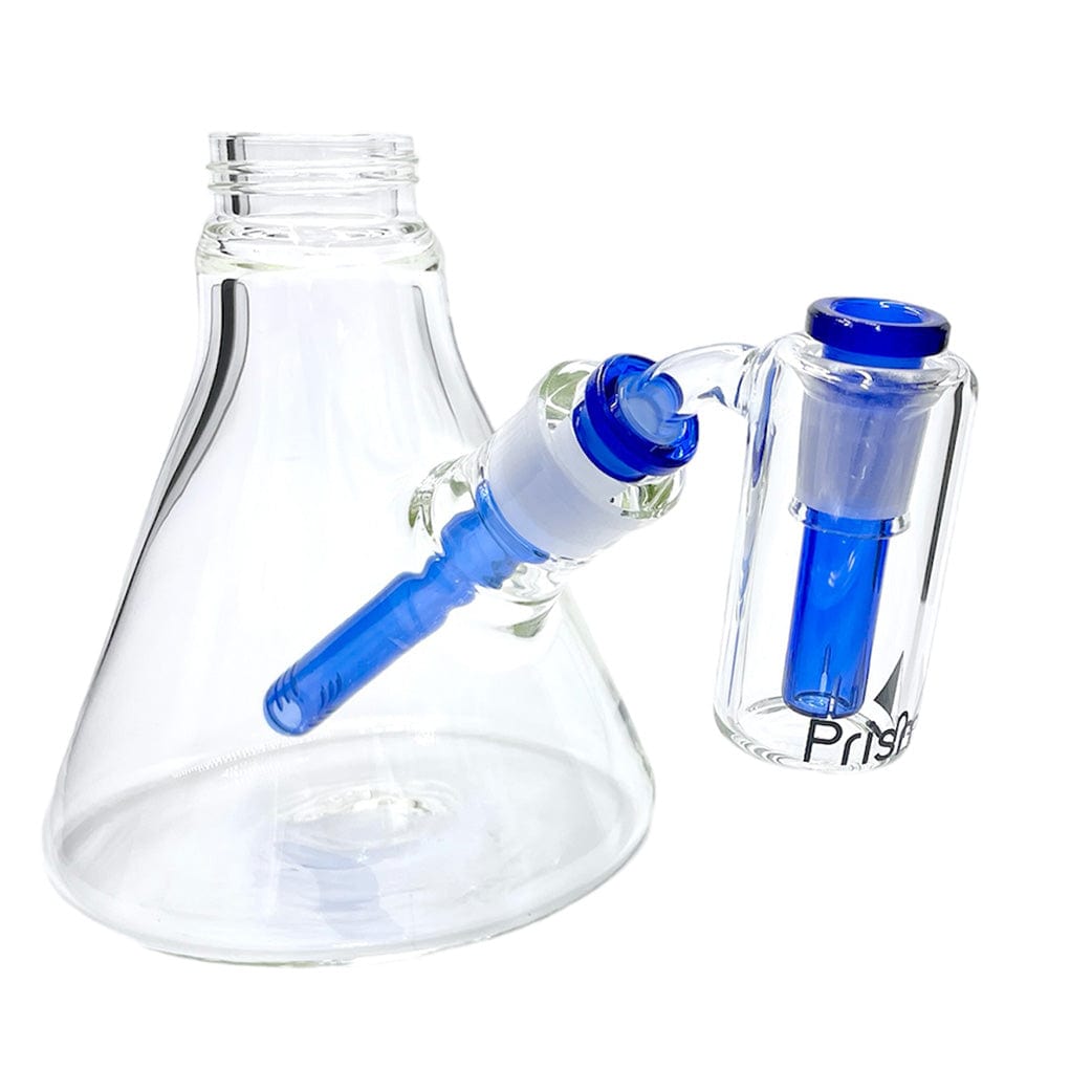 Angled close-up of the Prism Beaker Base Ash Catcher showing its mint-blue downstem and clear glass chamber against a white background.