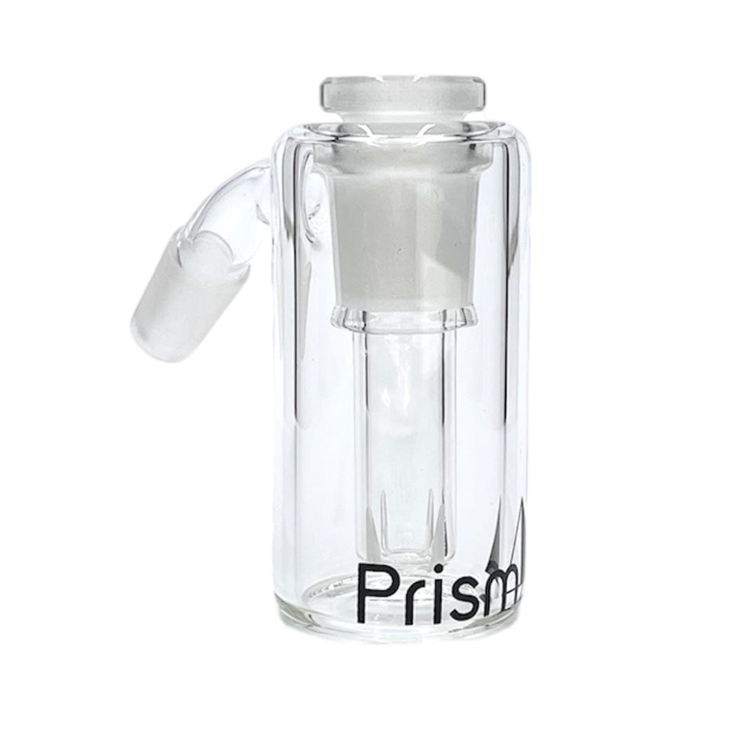 Centered front view of the clear Prism Beaker Base Ash Catcher on a white background, showing its angled joint and internal downstem.