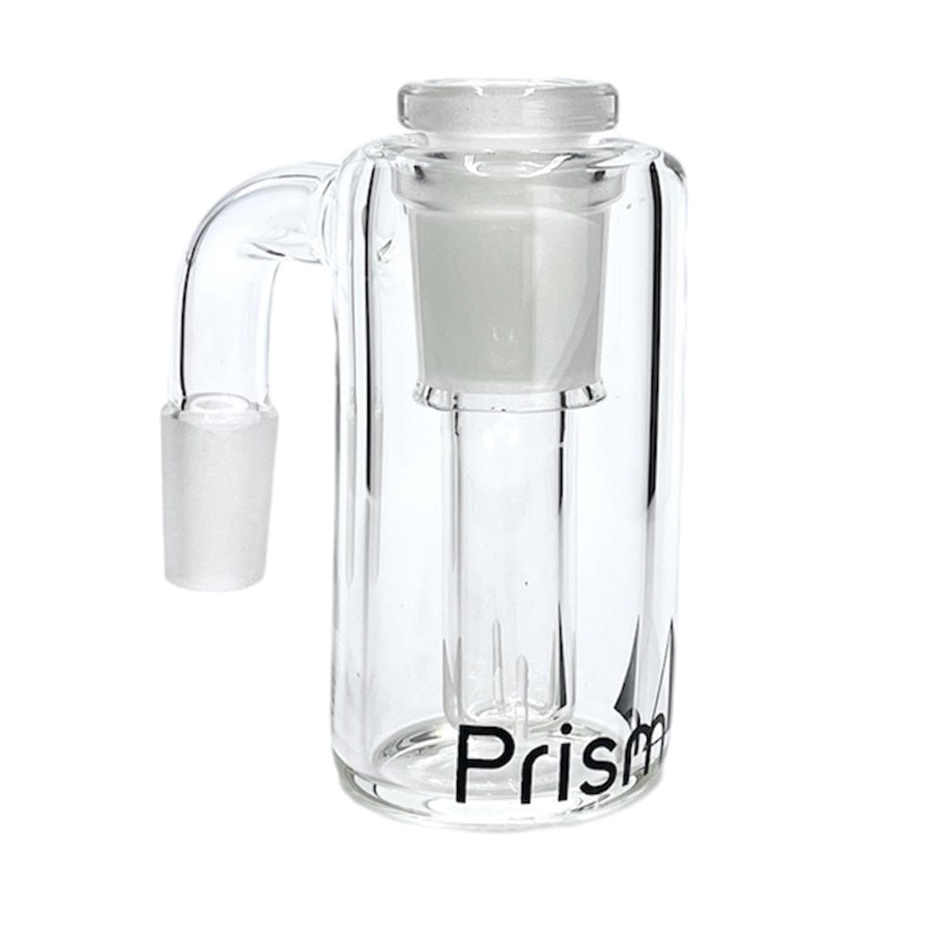 Clear studio-lit shot of the Prism Klein Incycler Base Ash Catcher showing a cylindrical glass body, bent side joint, inner downstem and partial logo at the base.
