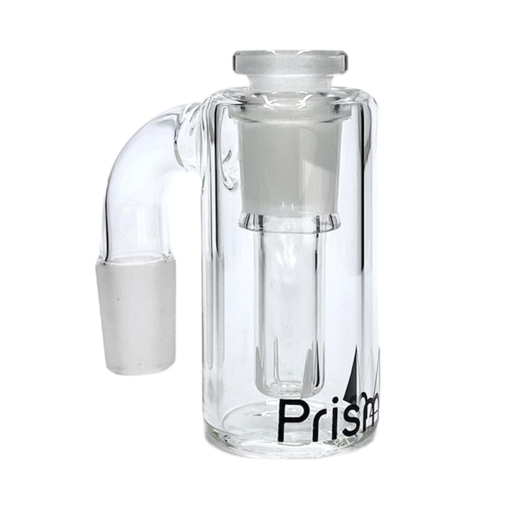 Front-three-quarter view of the clear Prism Honeycomb Base Ash Catcher showing its cylindrical chamber, inner honeycomb tube, and angled joint against a white background.
