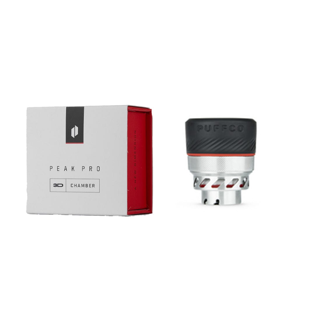 White background studio shot of the Puffco Peak Pro 3D Atomizer Chamber next to its white and red rectangular box, shown front-on.